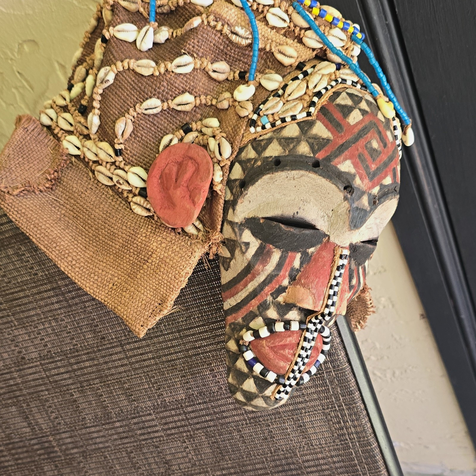 African Tribal Mask Wall Decor w/ Cowrie Shells & Beadwork Headdress
