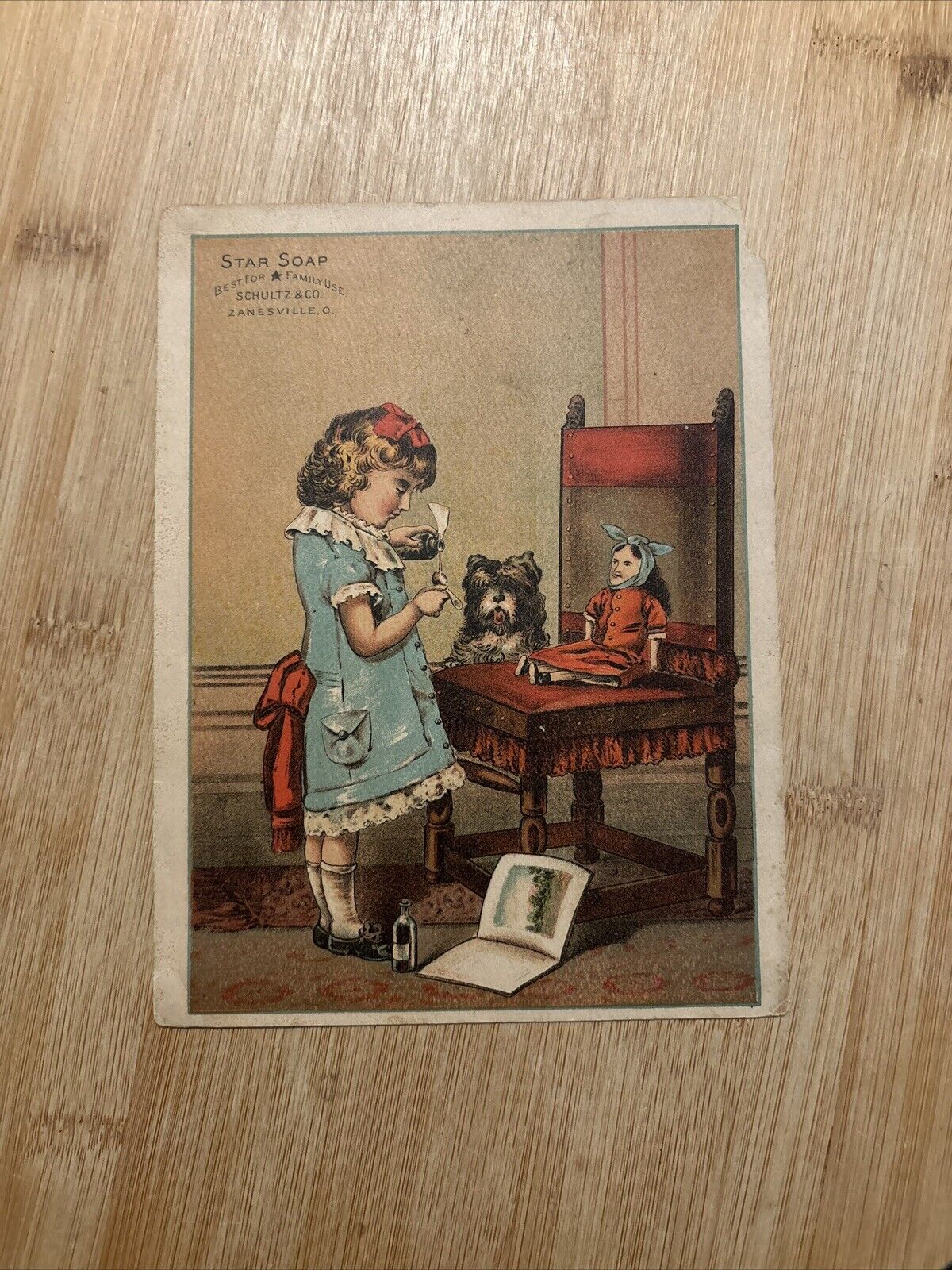 1870\'s-80\'s Lovely Girl With Sick Doll Dog Star Soap Schultz\'s Victorian Card