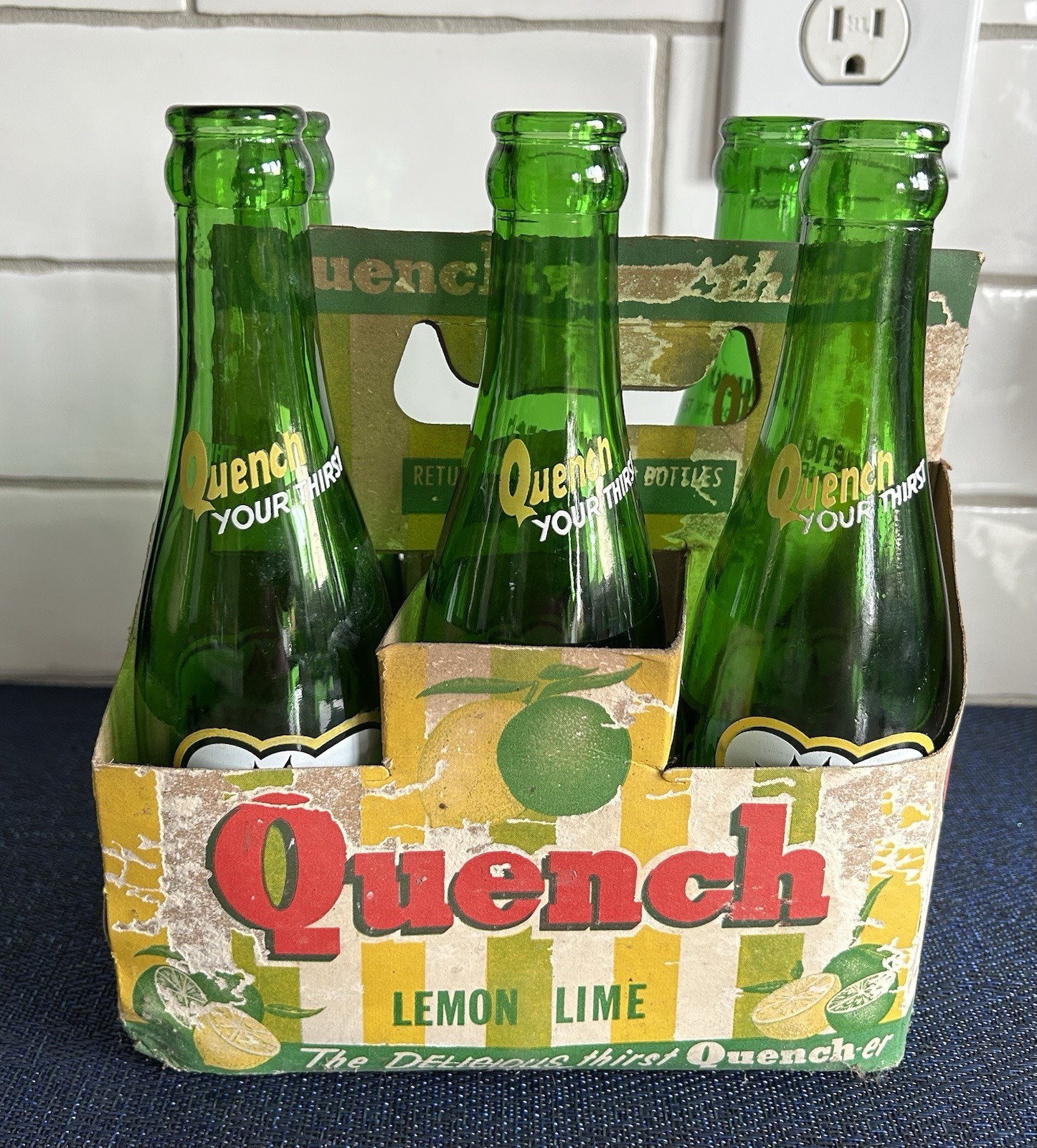 RARE Vintage QUENCH Soda Green Bottles 5 - Various Dates And Cardboard Carrier