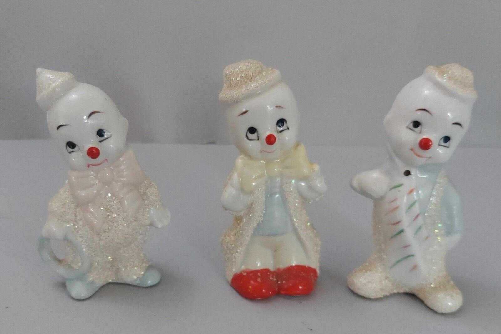 Porcelain Clown Figurines Collectible Taiwan SET OF 3 Vtg MCM Glitter 3.5\