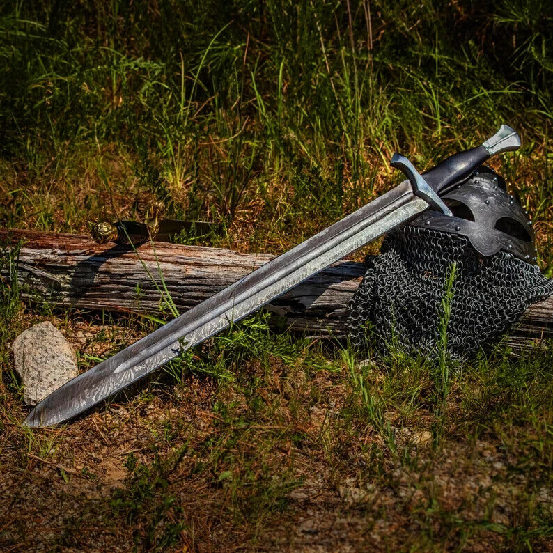 Handmade Damascus Sword Viking Sword Battle Ready Sword With Leather Sheath