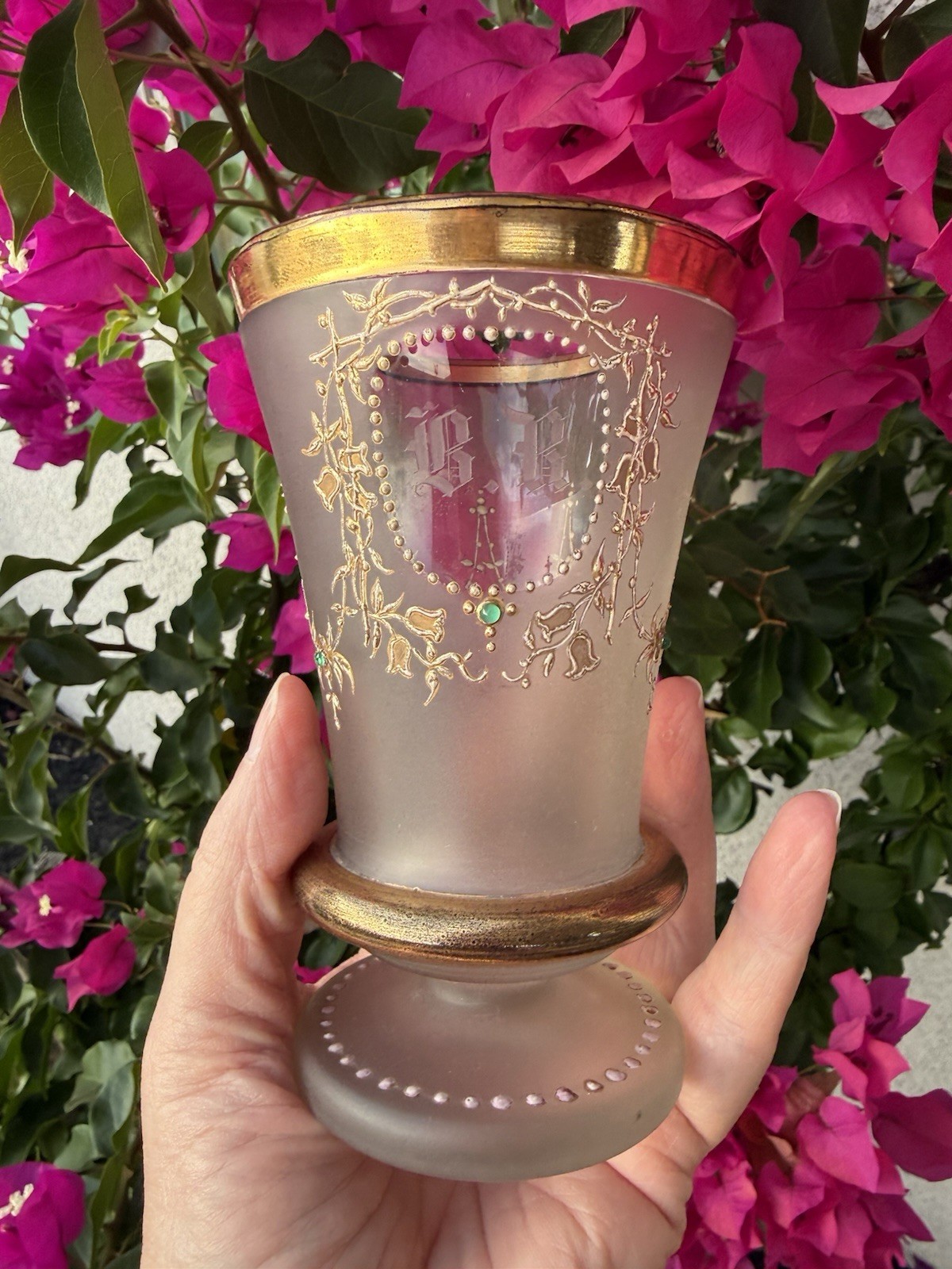VICTORIAN MOSER FROSTED GOLD & Initials Green Stone FANCY GLASS TUMBLER