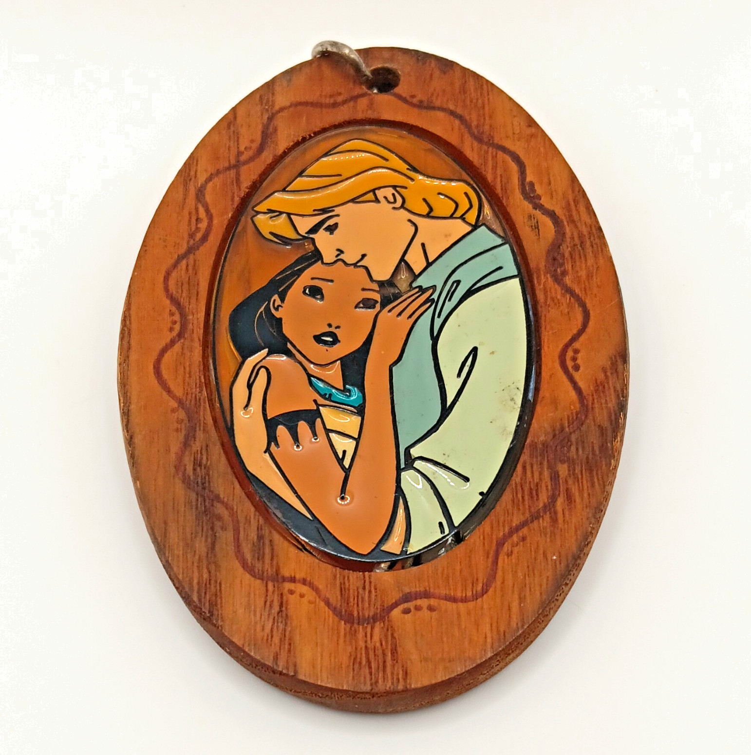 Vintage 1995 Disney Pocahontas & John Smith Wooden Keychain Oval Retro 90s
