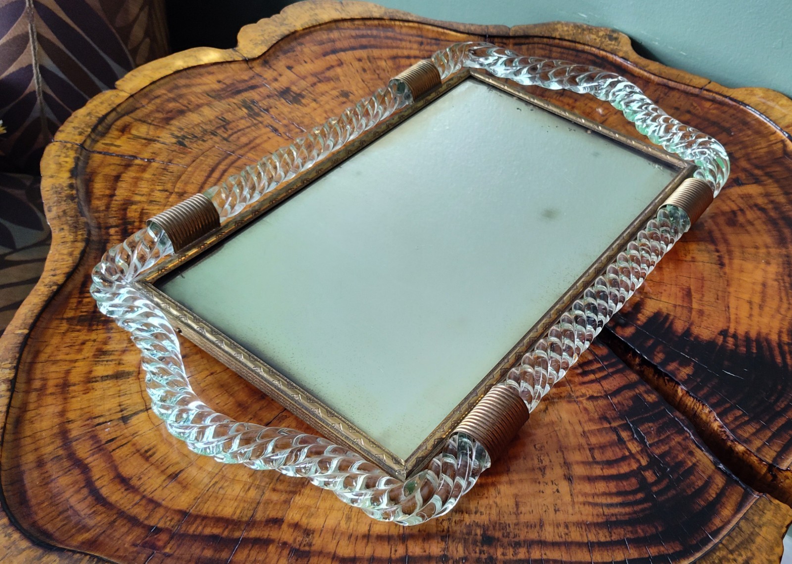 VTG 1930s Art Deco Italian Murano Twisted Glass Vanity Tray Barovier Toso Style