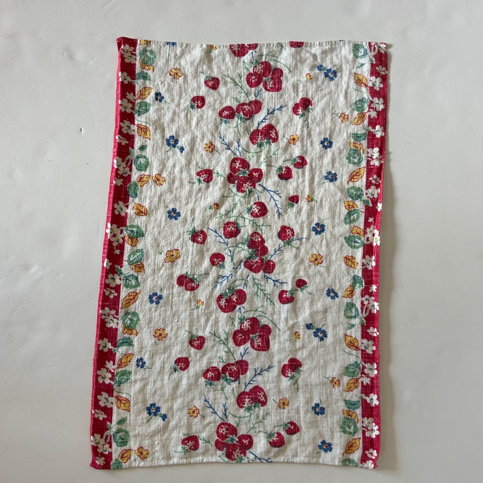 Vintage Cotton Kitchen Towel with Red Strawberries Floral & Leaf Pattern 24\