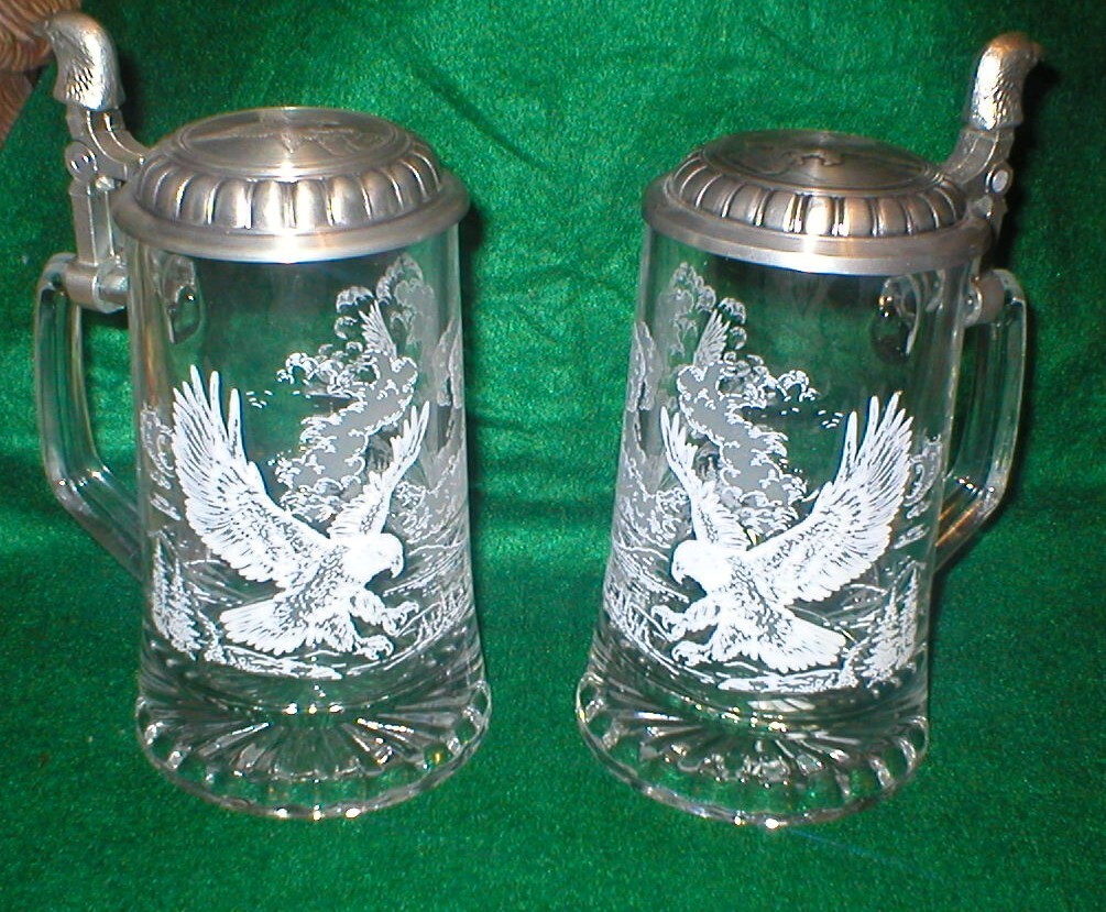 EAGLE DESIGN GLASS BEER STEIN FIYE ITALY SET OF 2 SOLD AS IS