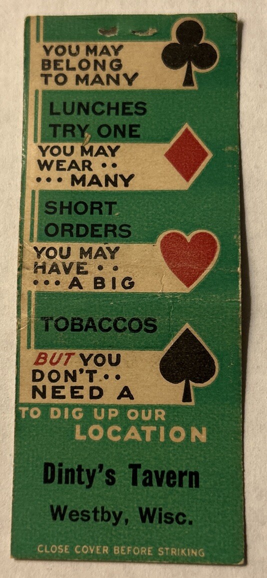 Vintage DINTY’S TAVERN Matchbook Cover, Westby, Wisconsin