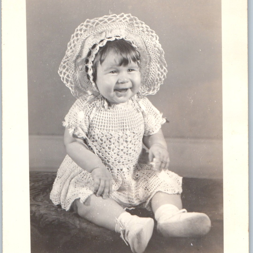 c1940s Cute Smiling Baby Toddler Bonnet Crochet Lace Dress 5\ c1940s Cute Smiling Baby Toddler Bonnet Crochet Lace Dress 5\