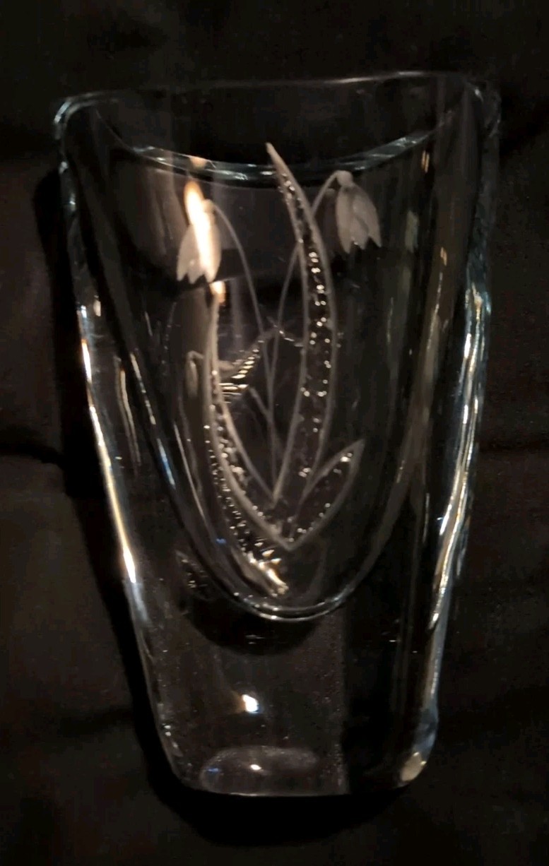 Strombergshyttan Crystal Vase: Etched Lily of the Valley, Swedish Vintage Decor