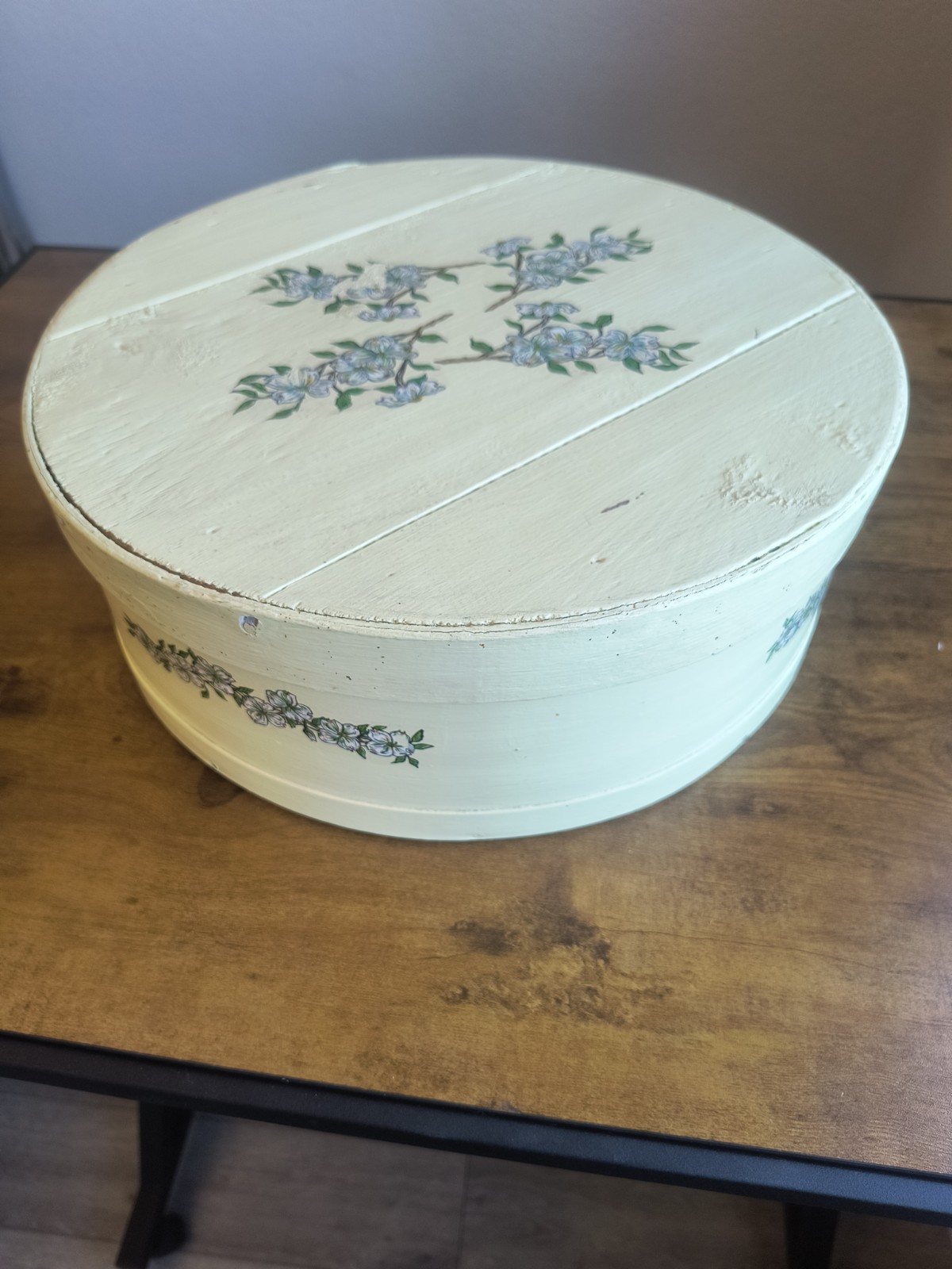 Vintage Round Bentwood Pantry Cheese Box Flower Pattern Farmhouse Chic Storage