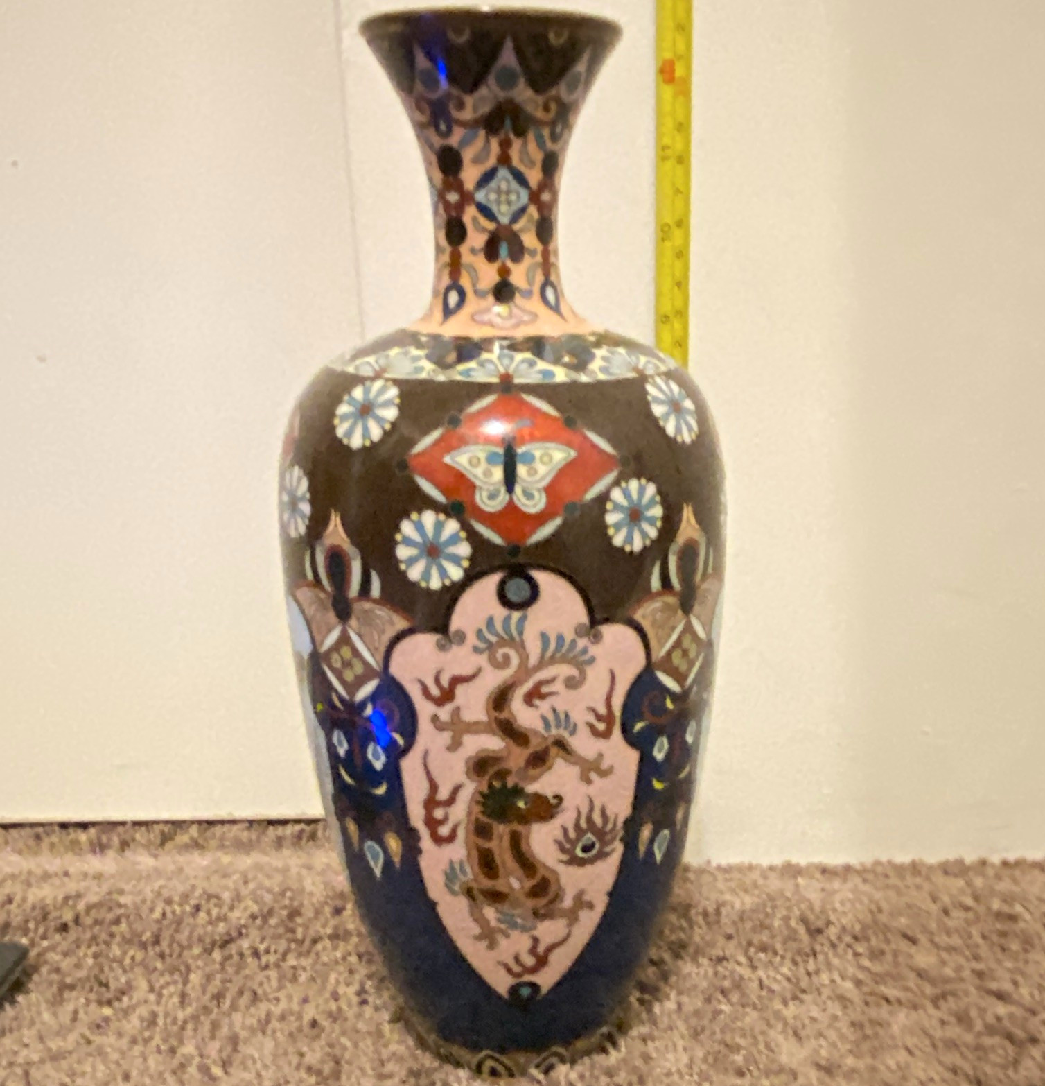 Antique Japanese Cloisonne Goldstone Vase Meiji Period 13.5” Dragon Phoenix
