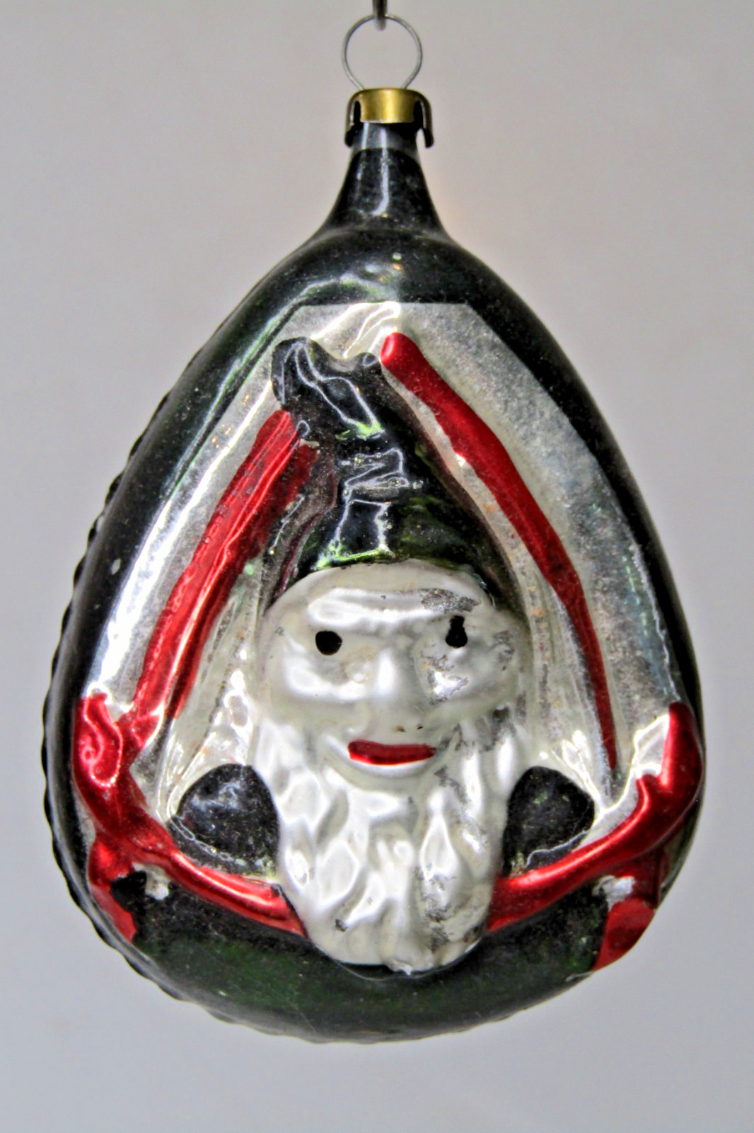 VTG Glass SANTA DWARF HEAD in WINDOW Embossed Drop Christmas Ornament Germany