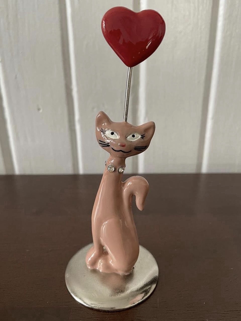 Vintage Pink Cat Photo Holder Heart Clip NIB Girly Coquette Desk Decor Rhineston