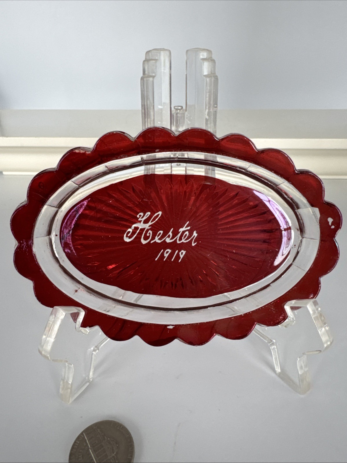 Antique 1919 State Fair Pressed Glass Ruby Glass Trinket Tray “Hester” - 107 Yrs
