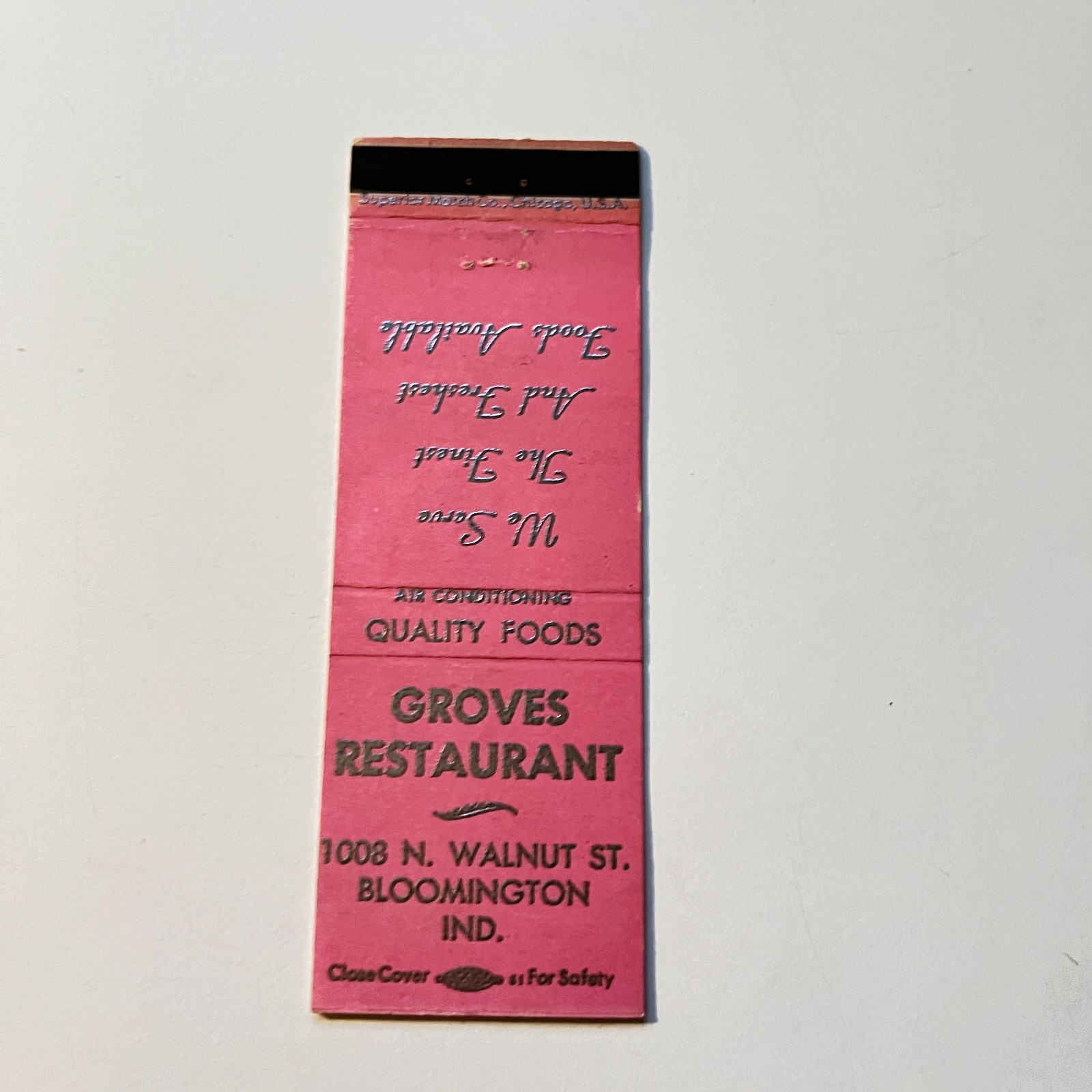 Groves Restaurant Quality Foods Bloomington IN Vintage Matchbook Cover 4MB105-6