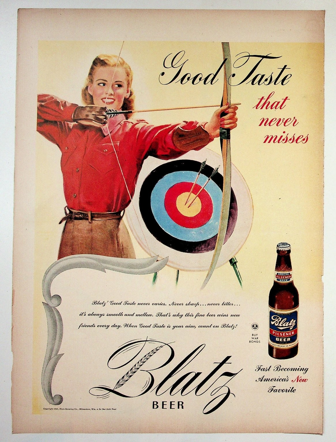 Vintage 1945 Blatz Beer Archery Magazine Print Ad Milwaukee Brewing Co WWII Era Vintage 1945 Blatz Beer Archery Magazine Print Ad Milwaukee Brewing Co WWII Era