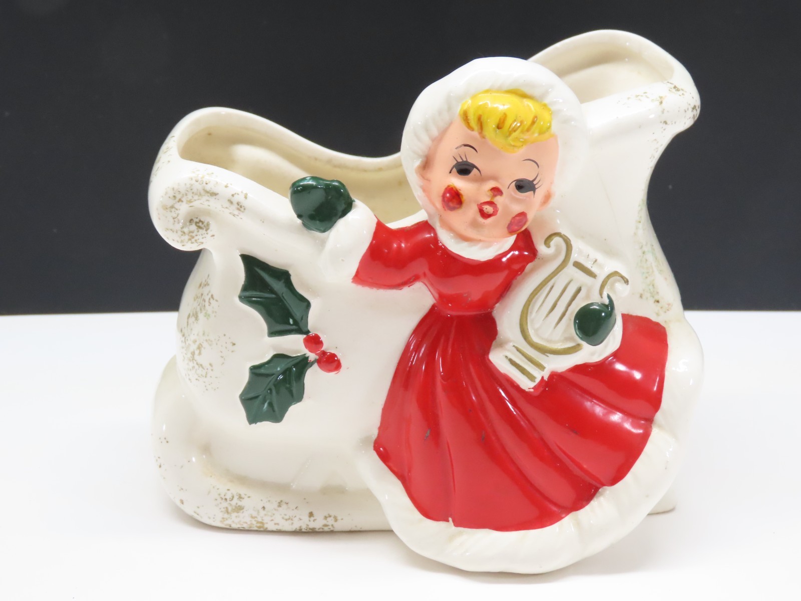 Norcrest Girl W/ Harp Sleigh Planter Christmas 1950's Japan Vintage D3537