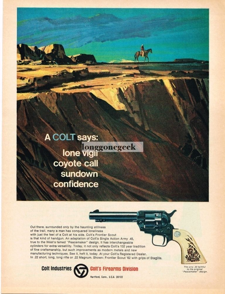 1969 Colt Frontier Scout .22 Cal Revolver Lone Cowboy on Horse Vintage Print Ad