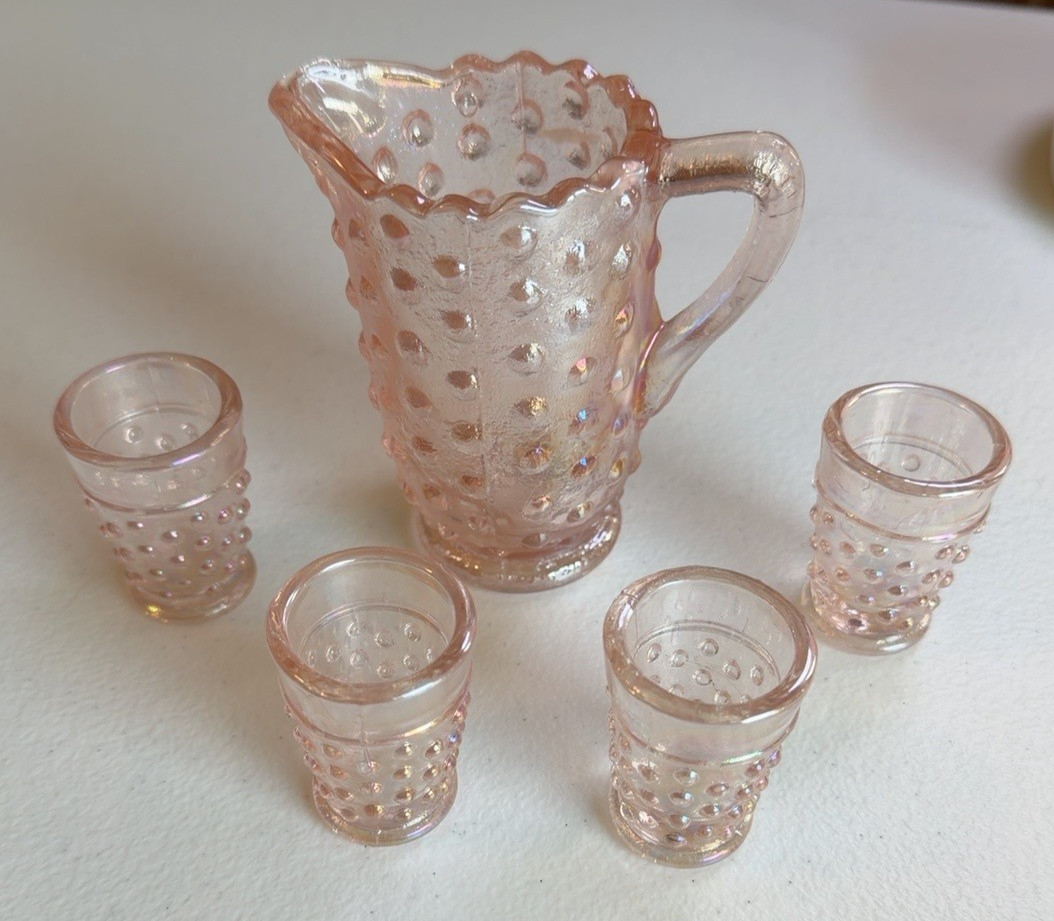 Vintage Pink Iridescent Hobnail Mini Pitcher & 4 Glasses 5 Pc Set