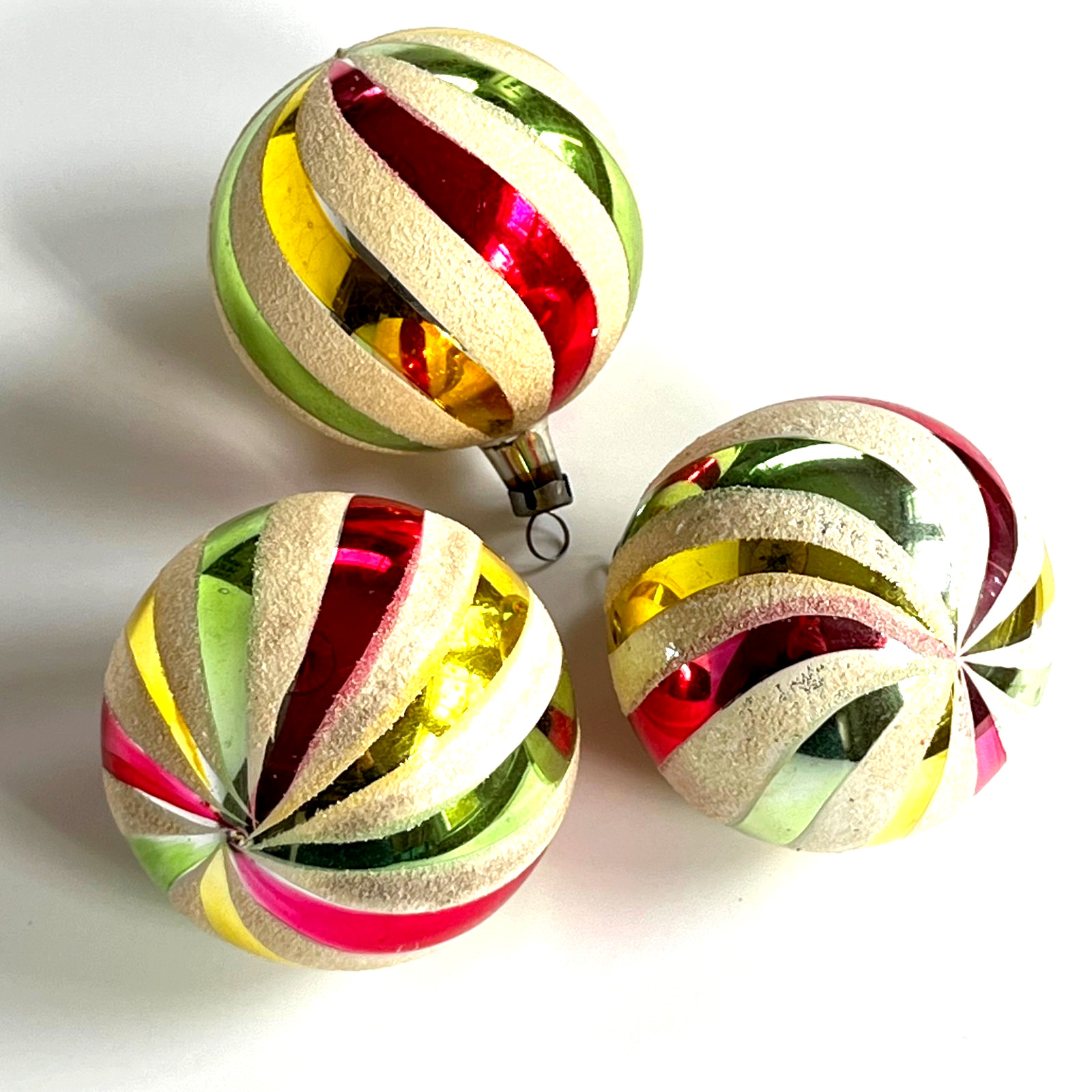 VTG 1950s Czechoslovakia Glass Christmas Ornaments Mica Swirl Harlequin Set 3