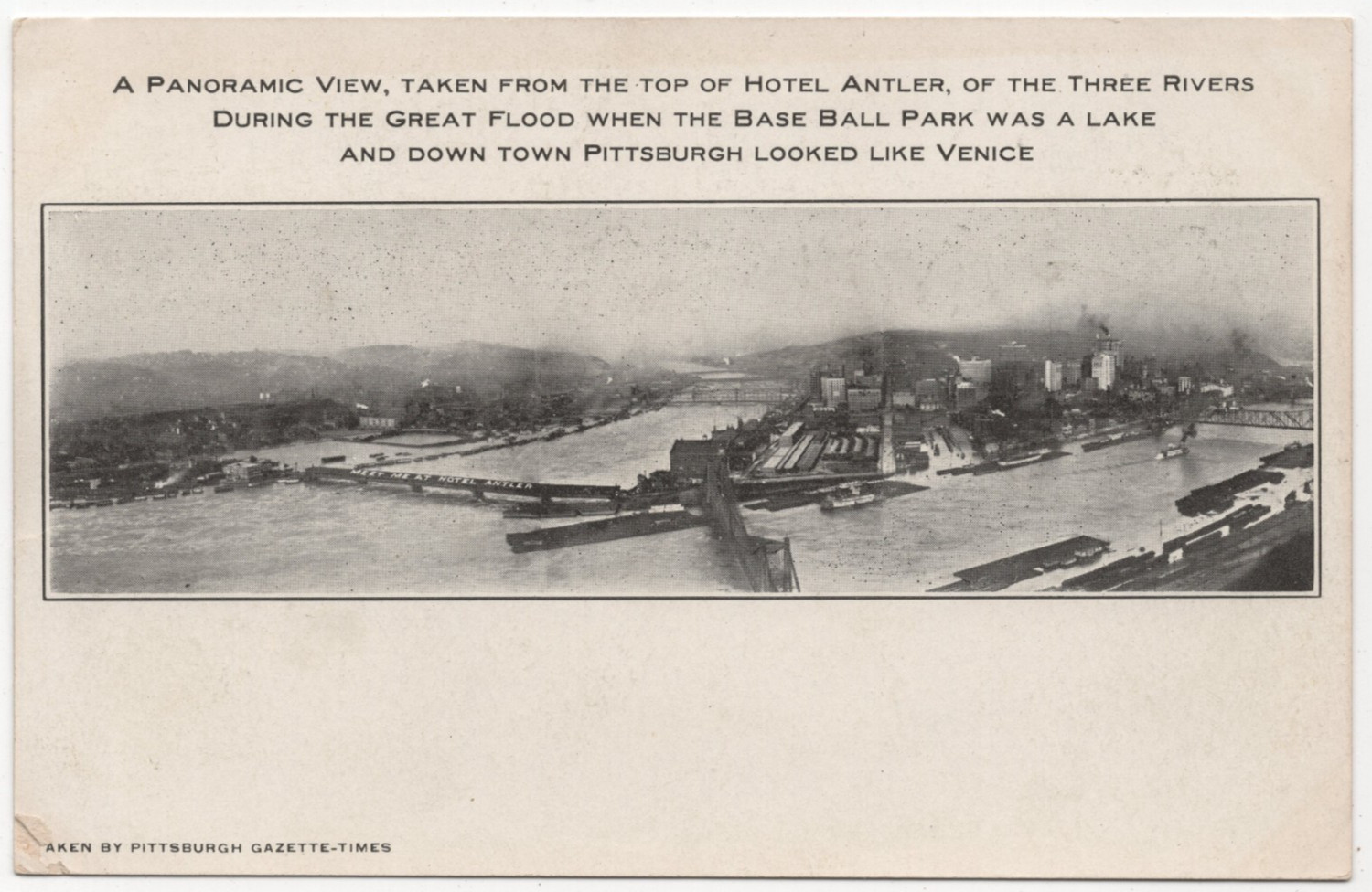 Antique 1907 Pittsburgh Flood Hotel Antler Panoramic Three Rivers Postcard