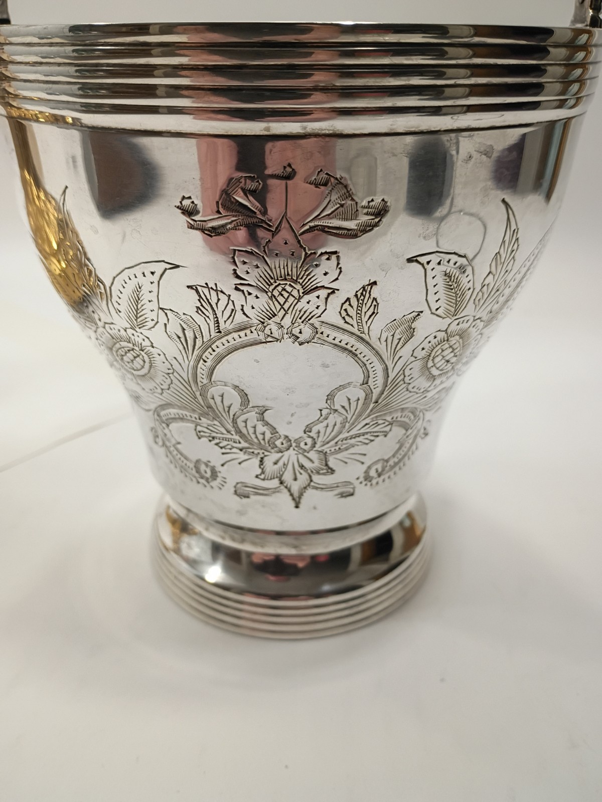 Vintage Etched Floral Silver Plated Bronze Basket Ice Bucket Chaldean England