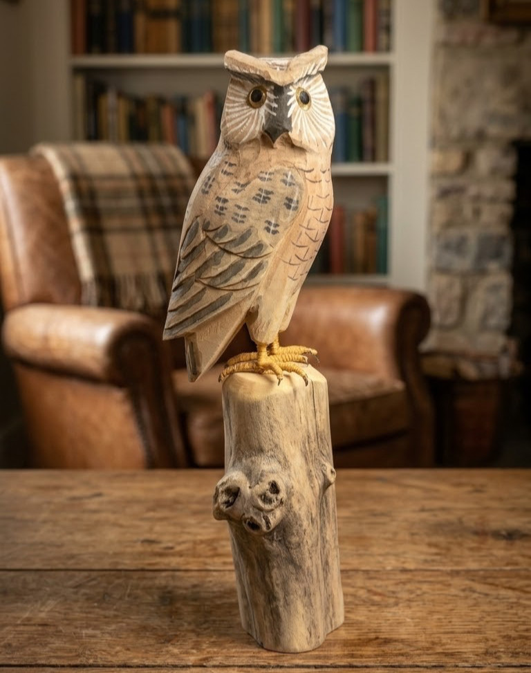 Artisan Hand Carved Hand Painted Wood Owl Statue Wire Feet Perched Stump 2008