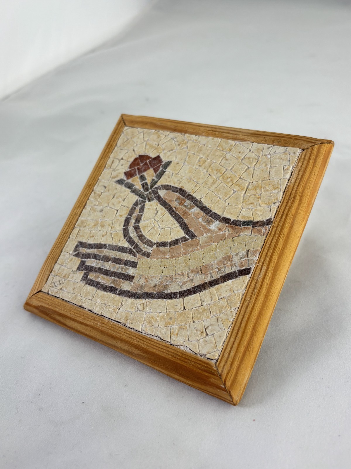 Romanian Handmade Stone Mosaic Hand Holding Flower Folk Art Plaque 4x4