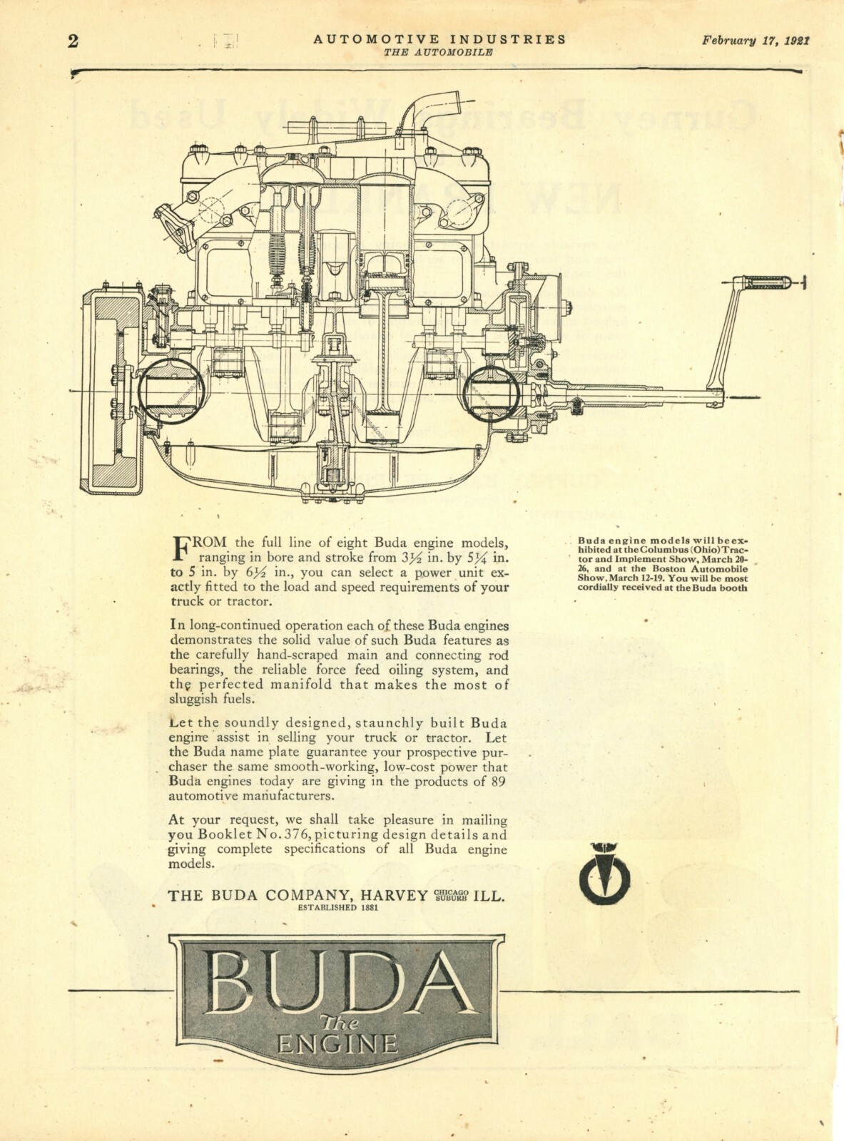 1921 Buda Company Ad: Buda Engines for Columbus & Boston Auto/Tractor Shows