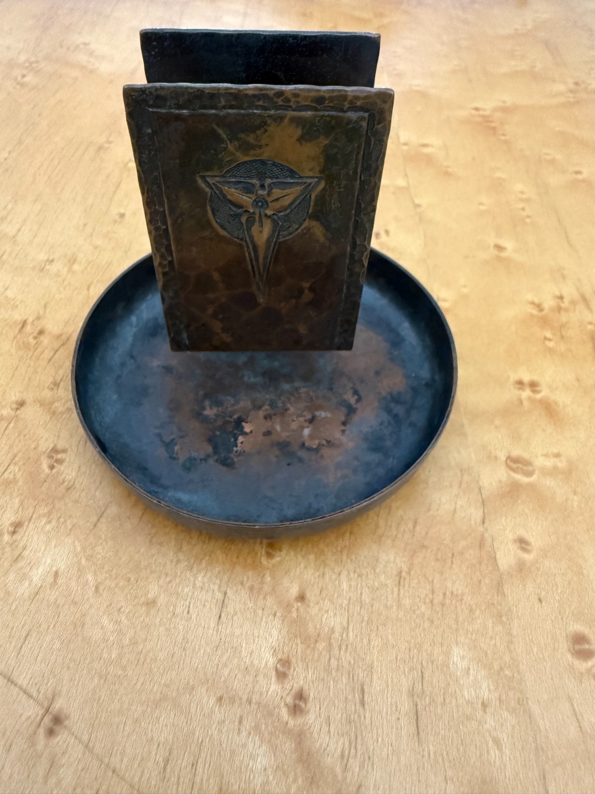 Roycroft Hammered Copper Matchbook Holder and Ashtray, Circa 1910-1915.