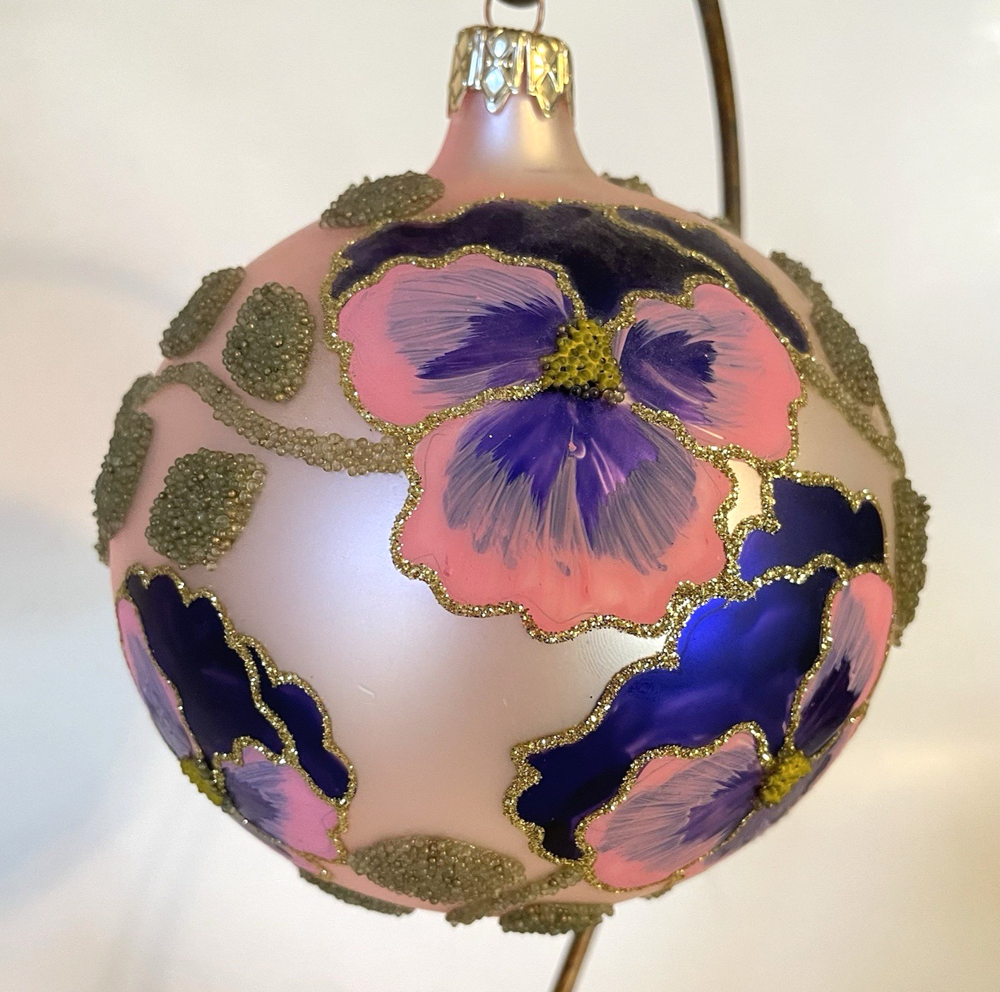 Hand Painted Glass Christmas Ornament Pansies w/ Glitter & Seed Beads 4\