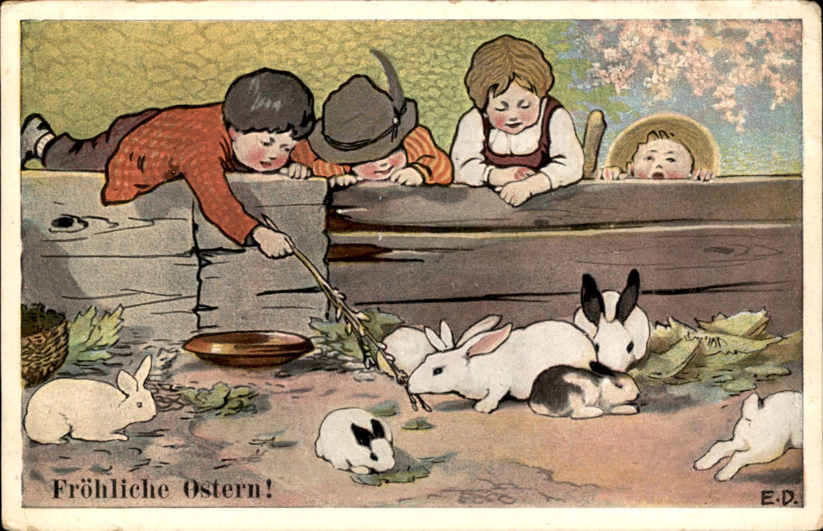Easter Children with Rabbits Animals E.D. c1900s-10s Vintage Postcard