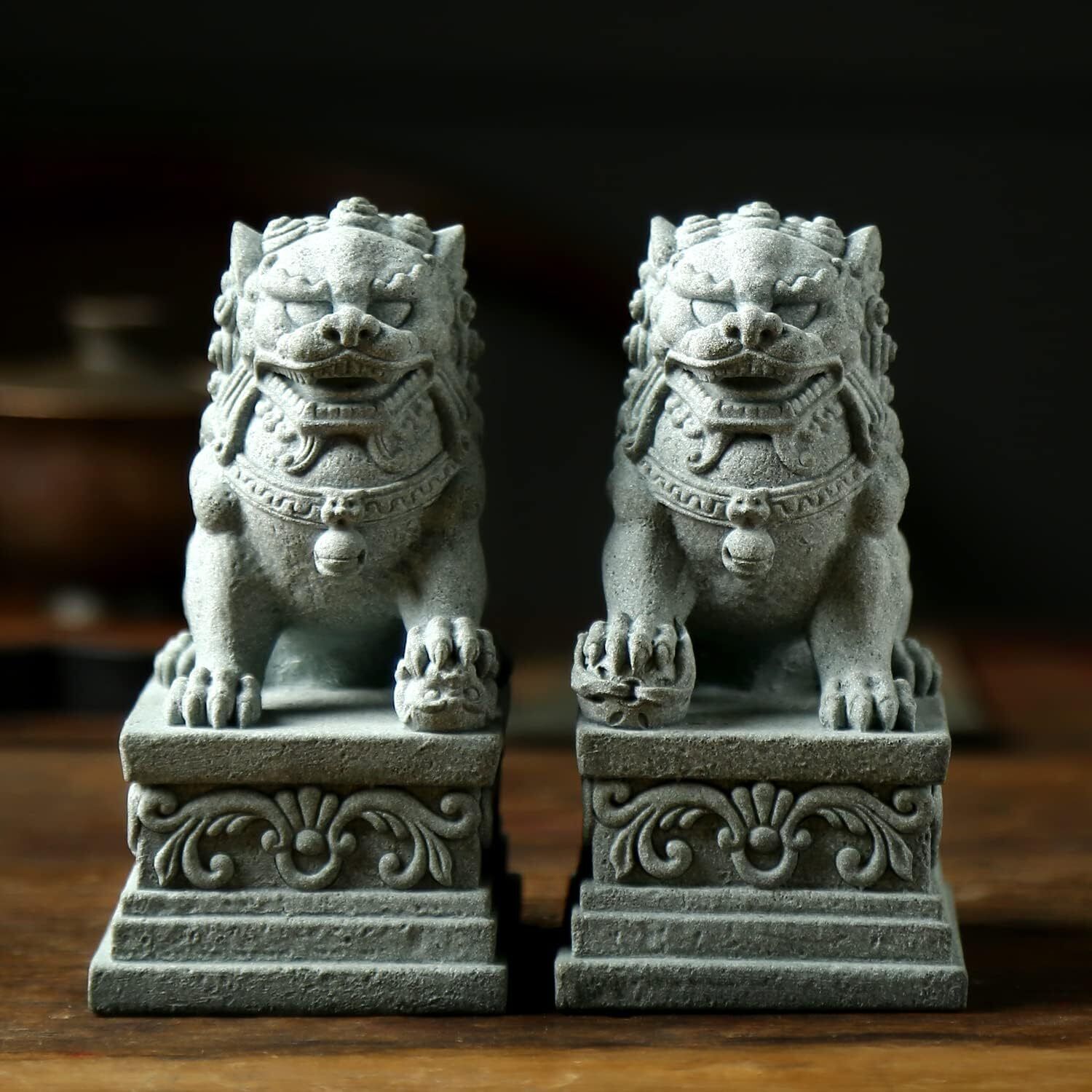 Pair of Authentic Chinese Foo Dogs Guardian Lions - Perfect Stone Bookends