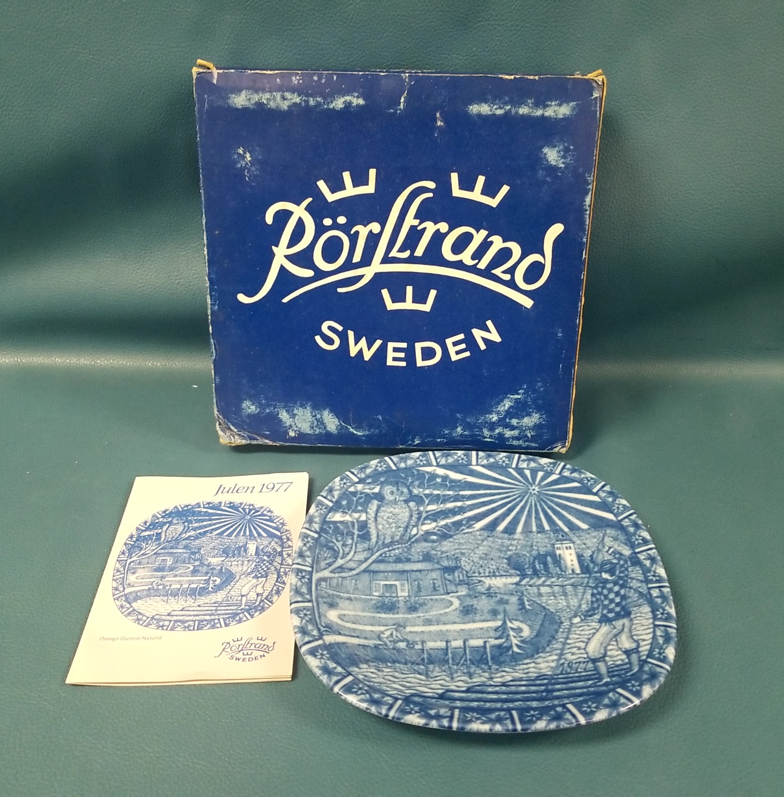 Rorstrand Sweden Julen 1977 Collectible Blue/White Decorative Xmas Plate 7.8