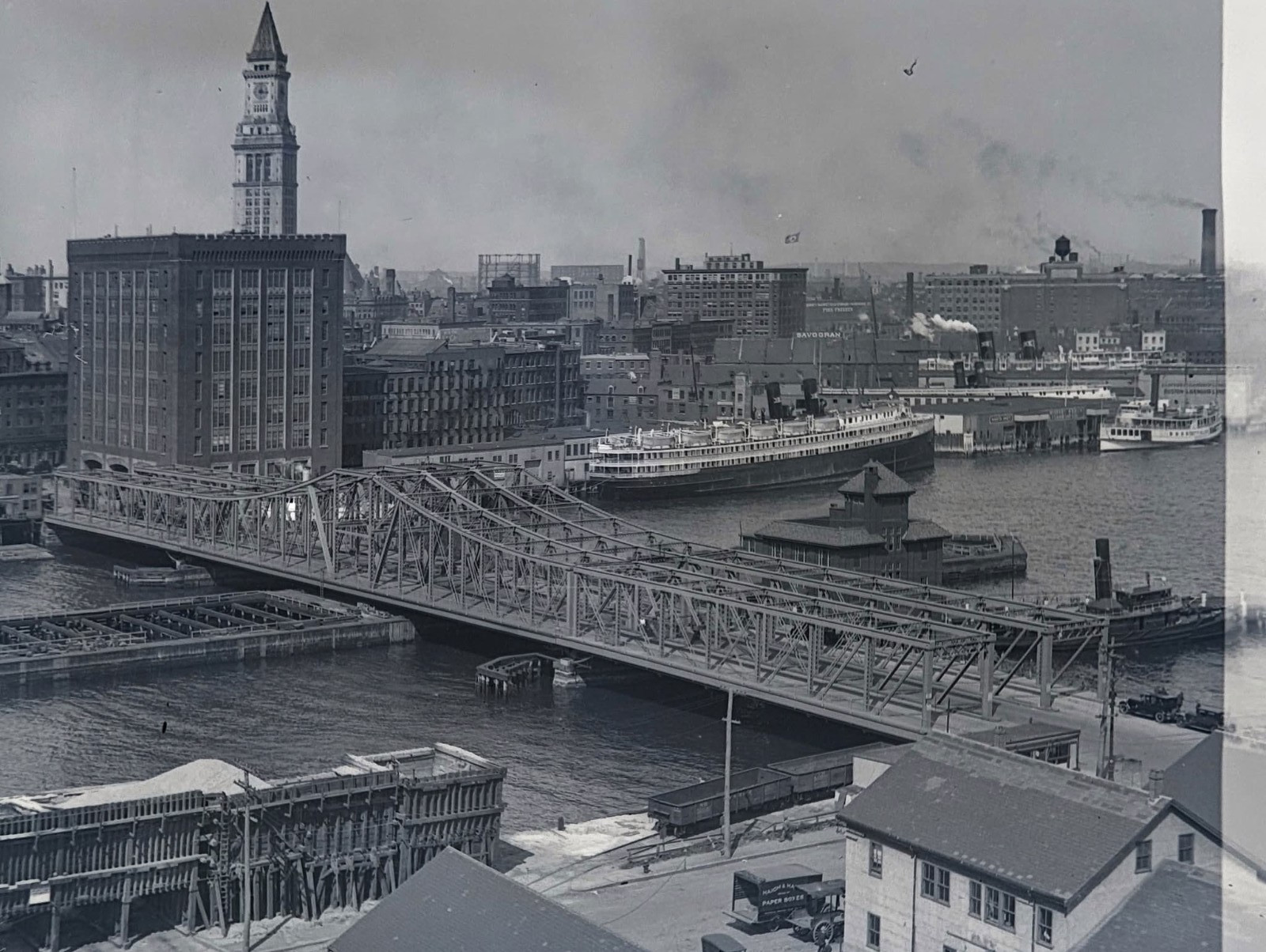 1920s Boston Waterfront Northern Ave Bridge Custom House Glass Negative OOAK