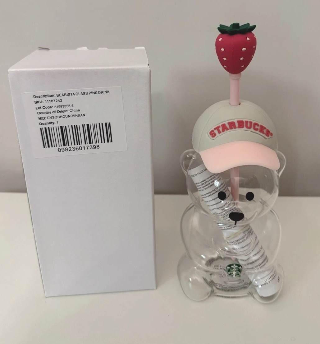 Starbucks Bearista Pink Drink Clear Glass Bear Cup w/ Straw 20 oz/591 mL
