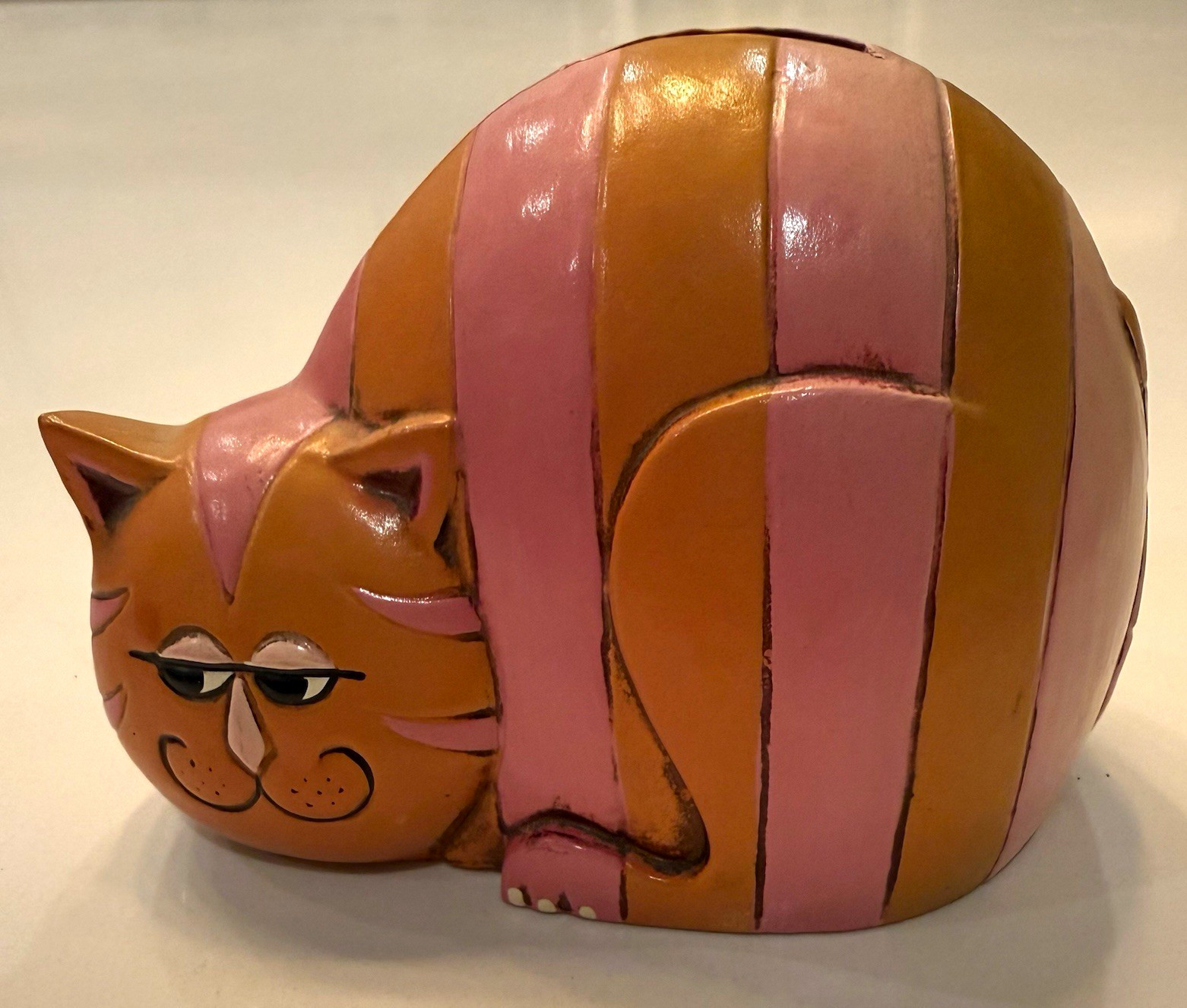 Vintage Pink Brown Striped Cheshire Cat Piggy Bank Coin Bank, Animals Theme