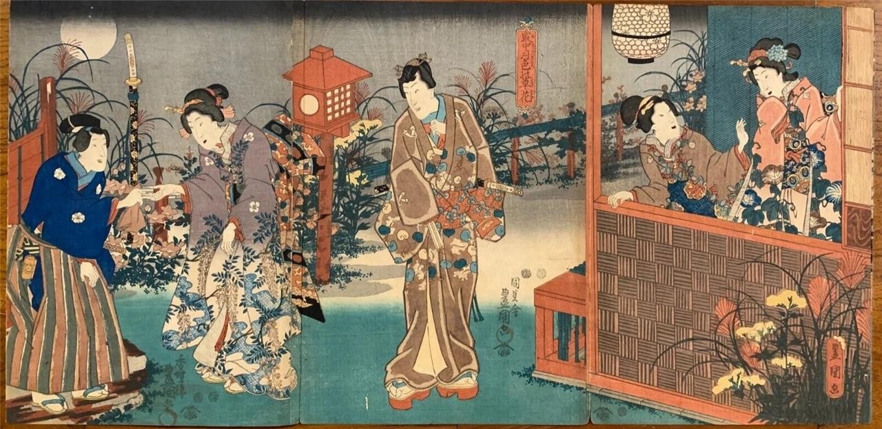 Antique Japanese Woodblock Print Triptych by Kunisada -Genji's Sword- c.1847