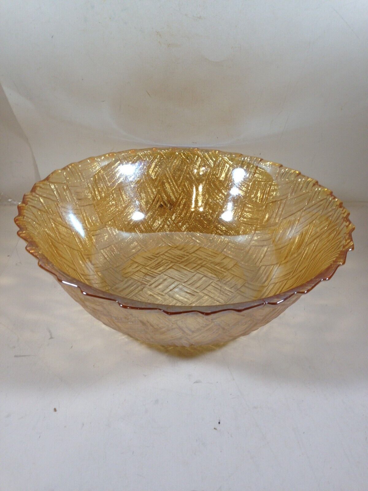 Vintage Amber Marigold Carnival Glass Basket Weave 9” Bowl