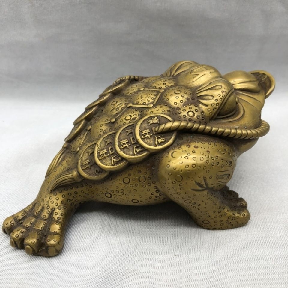 Brass Three Legged Toad Money Frog Figurine Feng Shui Decor Patina