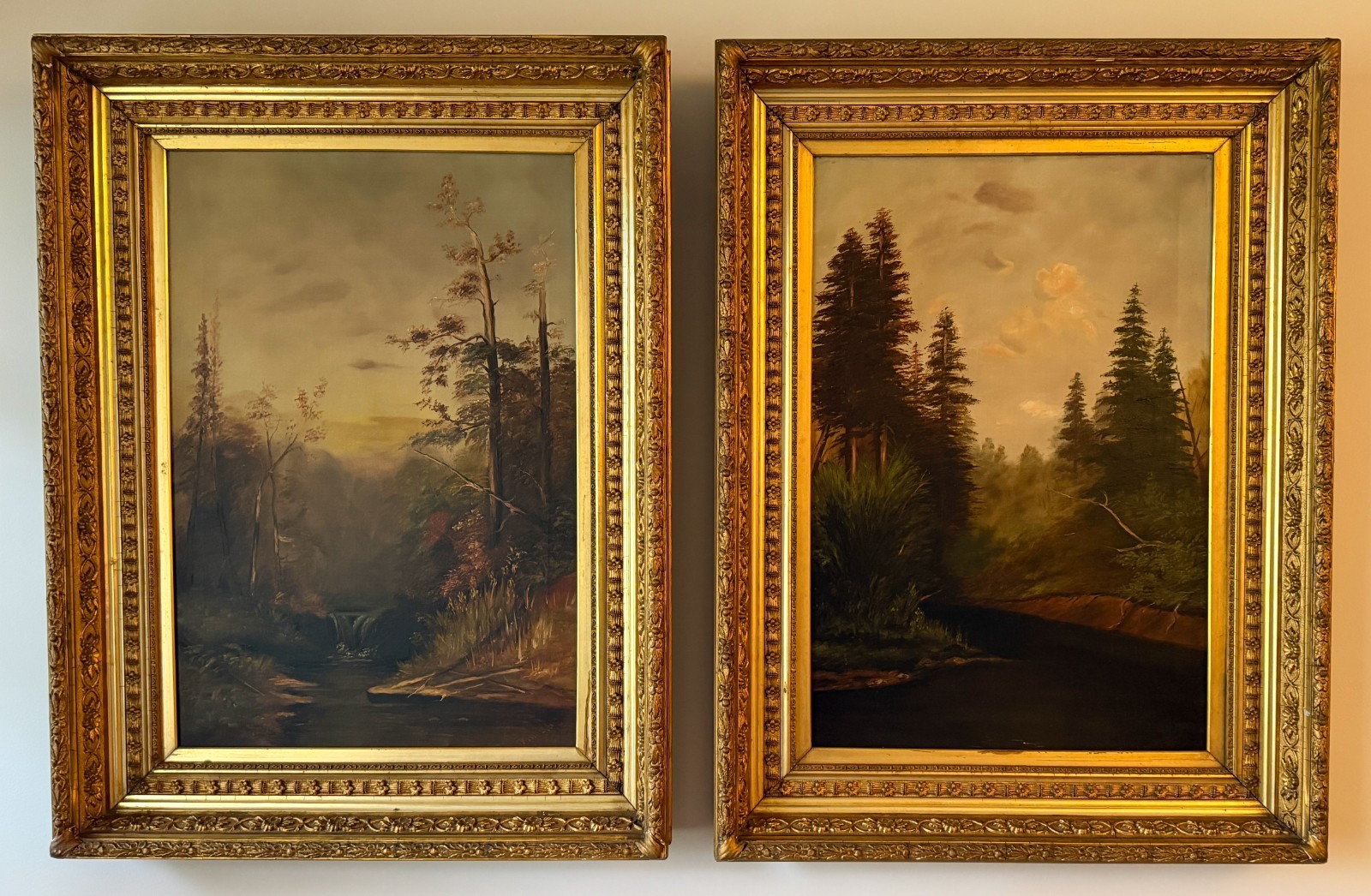 Large Pair of Antique Victorian Landscape Paintings-Matching Gilt Frames-Nice