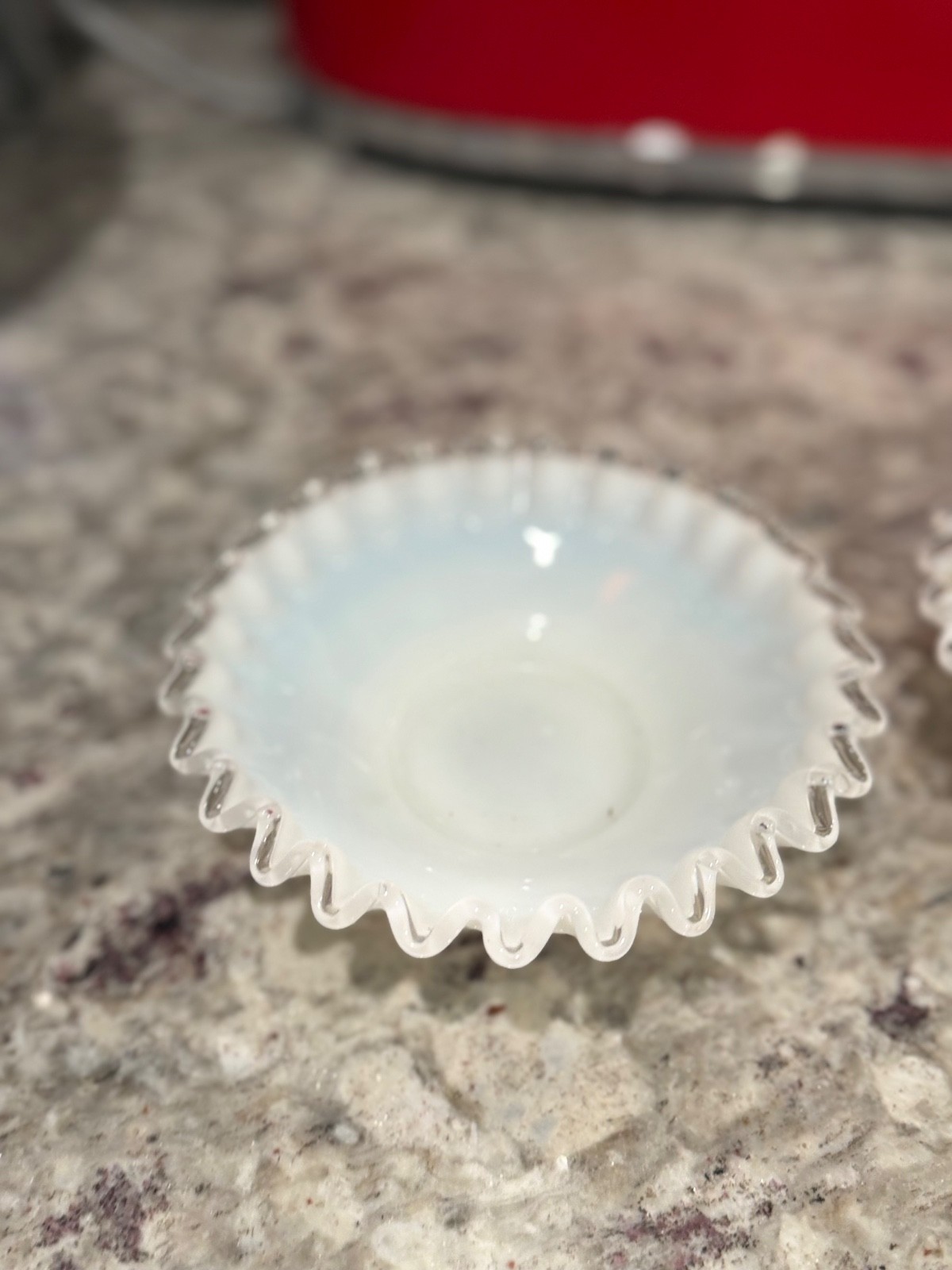 VINTAGE FENTON, SMALL SILVER CREST 6.5 INCH WHITE FOIL EDGE, RUFFLE GLASS PLATE VINTAGE FENTON, SMALL SILVER CREST 6.5 INCH WHITE FOIL EDGE, RUFFLE GLASS PLATE