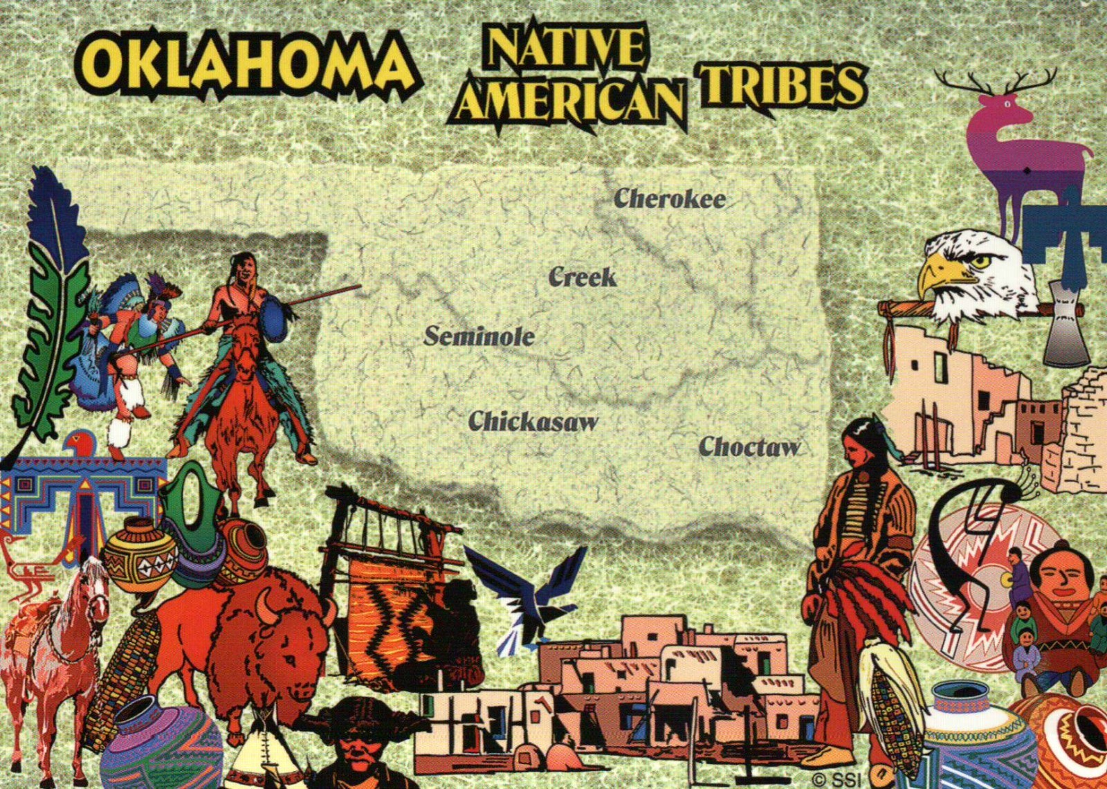 Oklahoma Native American Indian Tribes, Cherokee Seminole etc State Map Postcard Oklahoma Native American Indian Tribes, Cherokee Seminole etc State Map Postcard