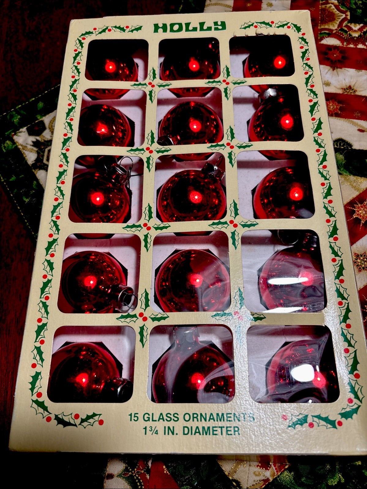 Vintage Holly Glass Ornaments 1.75” RED Shiny Balls Original Box Of 15 USA Vintage Holly Glass Ornaments 1.75” RED Shiny Balls Original Box Of 15 USA