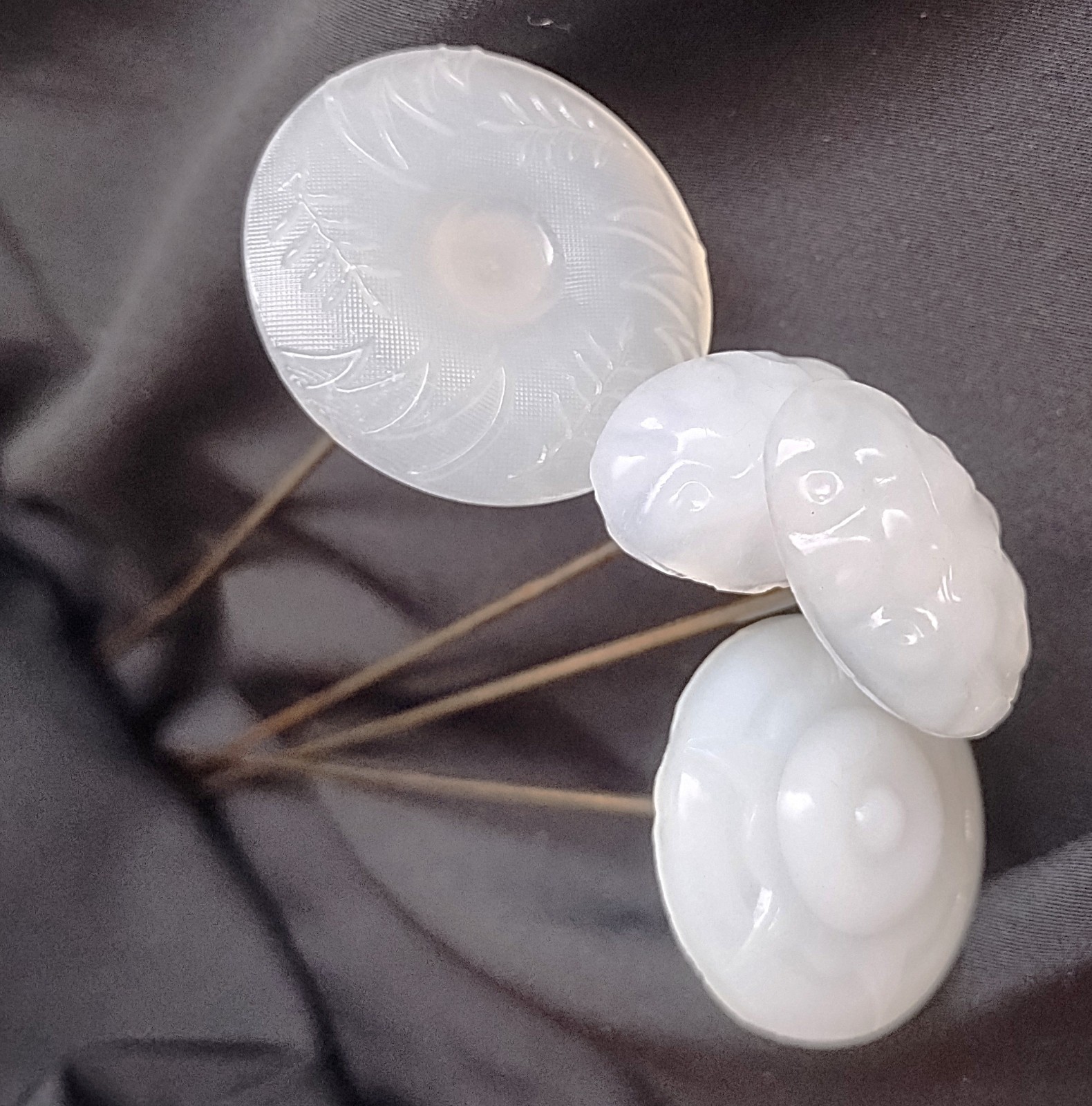 4 Large Antique White Opalescent Glass HAT PINS ~ Victorian Hatpins