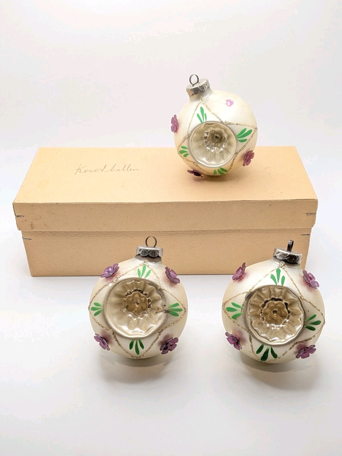 Vtg Mercury Glass Indent Christmas Ornaments Lucite Flowers German/Poland Boxed 