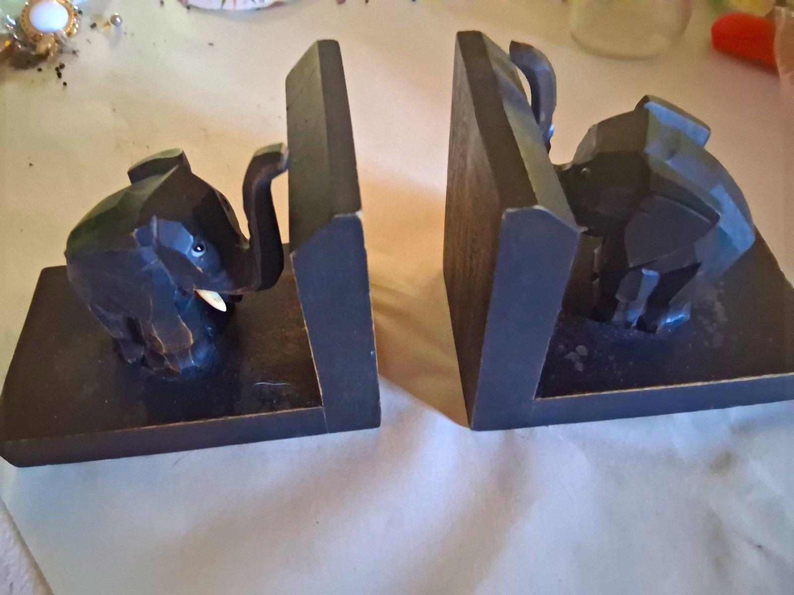 Authentic Vintage Mid-Century Modern German Hand-Carved Elephant Bookends Authentic Vintage Mid-Century Modern German Hand-Carved Elephant Bookends