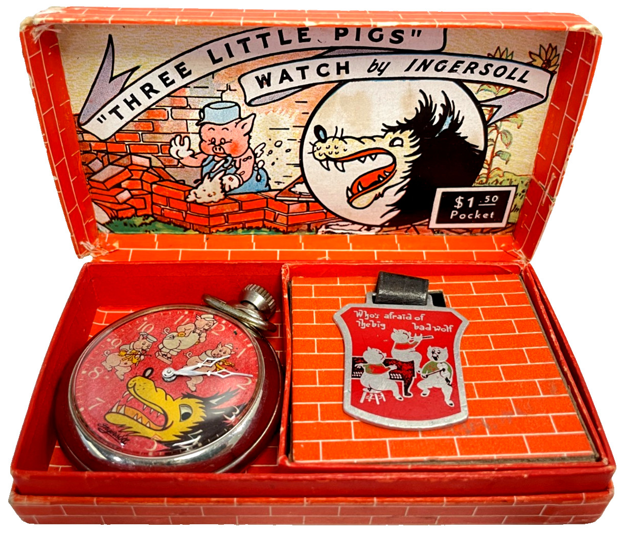 1930s THE BIG BAD WOLF INGERSOLL POCKET WATCH EXCELLENT IN BOX WITH FOB 