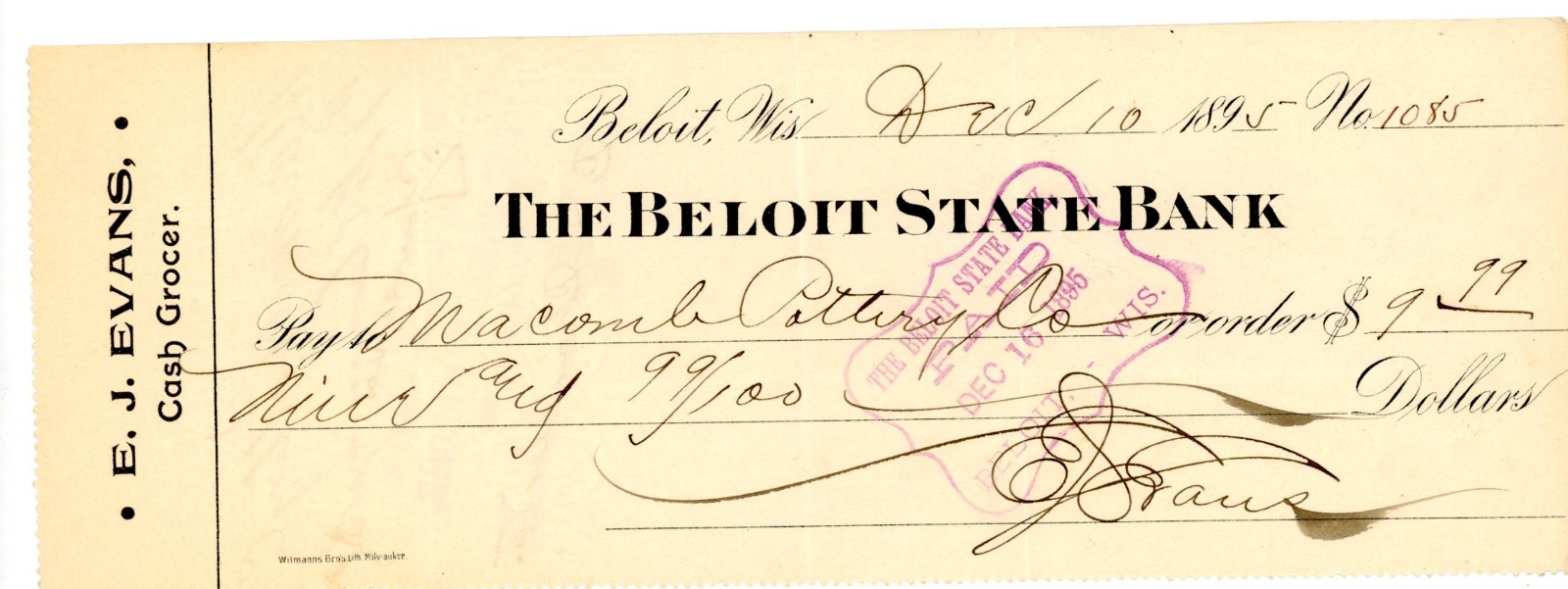 1895 Beloit WI State Bank Check – E.J. Evans, Cash Grocer to Macomb Pottery Co