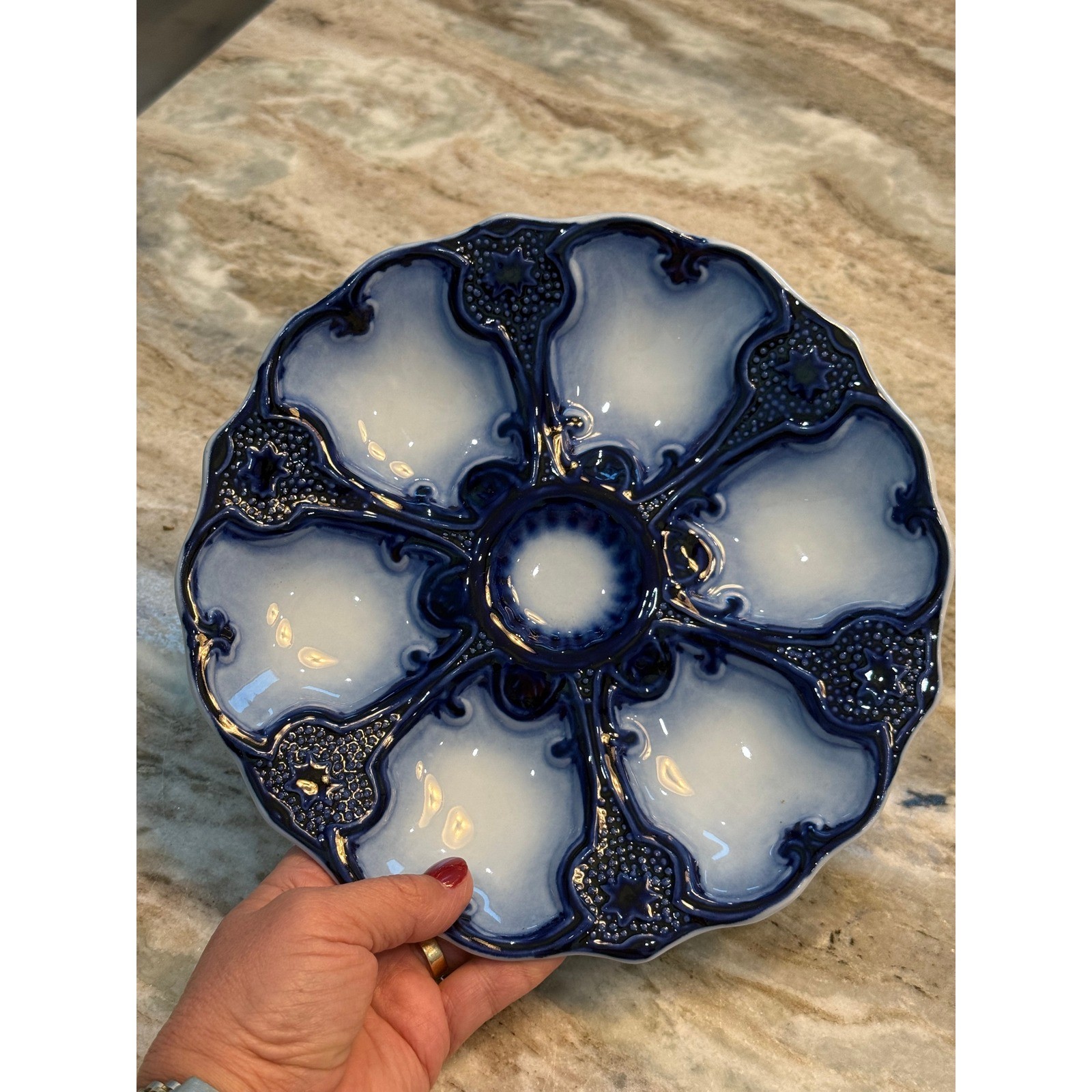 Limoges Flow Blue Porcelain Oyster Plate Scalloped 6 Well Gold Accents France